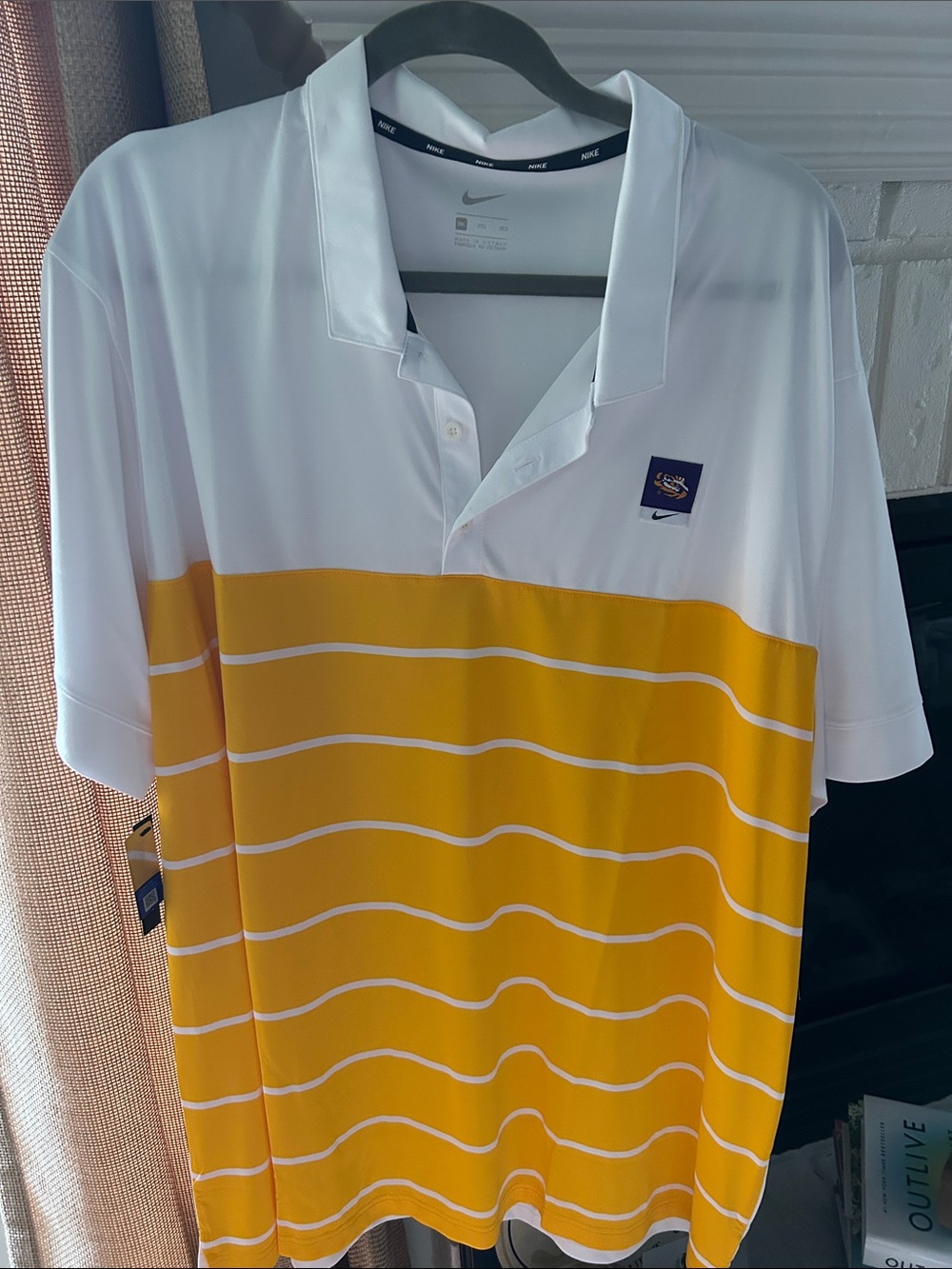LSU! Geaux ! Nike Men’s White & Yellow Stripe Golf Polo, 3X